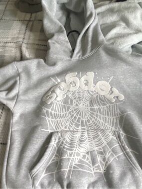 Casual Grey Pullover Hoodie with White Spiderweb Graphic